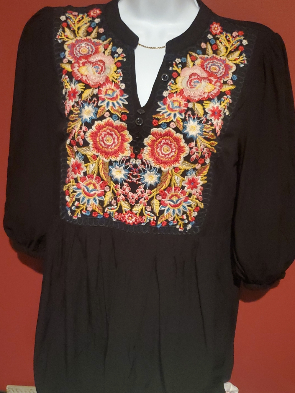 Savanna Jane Black Tunic with Bright Floral Embroidered Bib